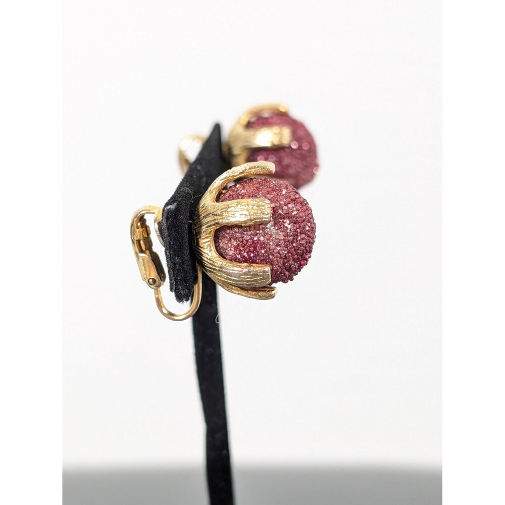 Vintage Raspberry Pink Sugared Round‎ Clip On Earrings Gold Tone MCM Bold